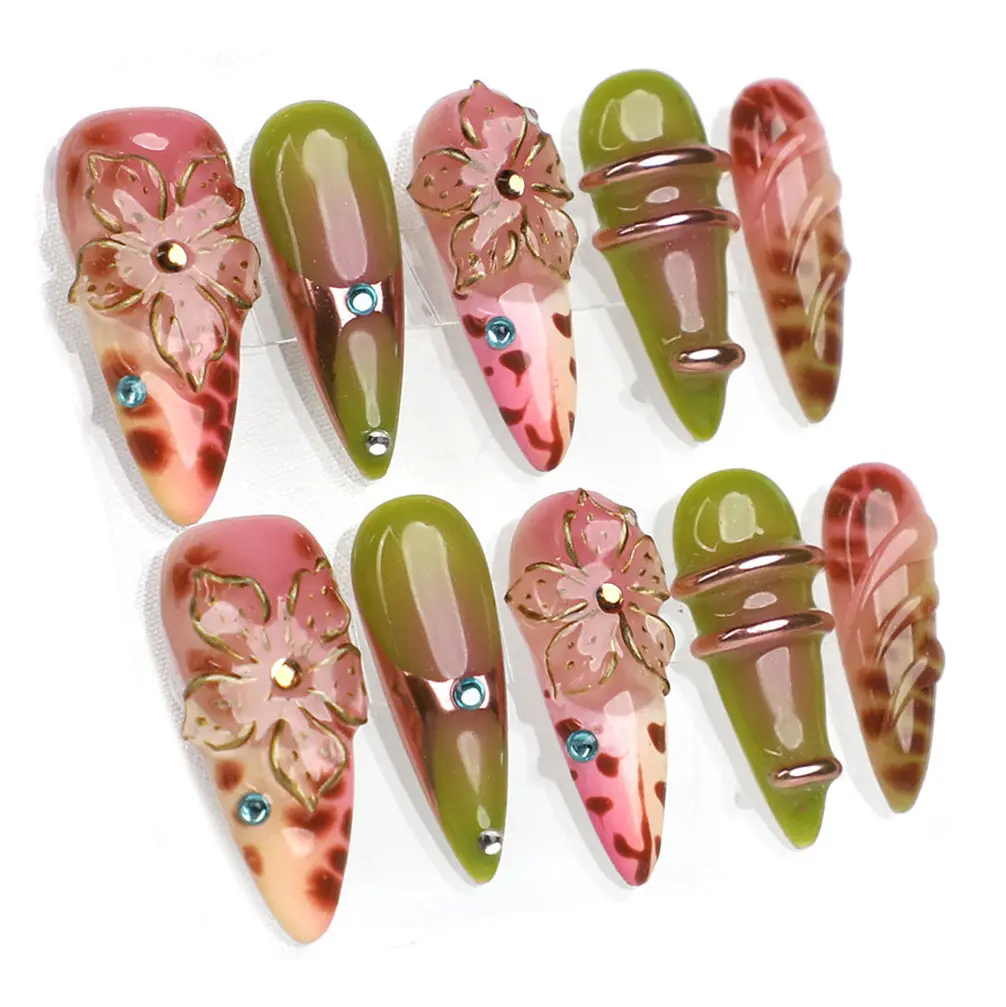 PG40 Wild Glow Stiletto | Handmade Press On Nails Sets Medium Stiletto 10 PCS 3D Gel  | Reusable, Long-Lasting, Salon-Perfect Finish Glitter Rhinestones