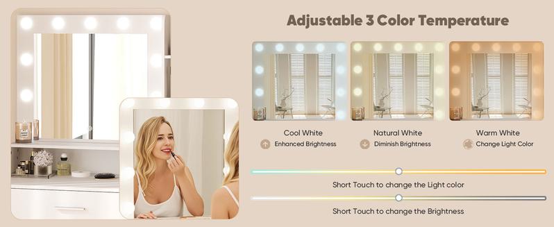 Vanity Desk with Adjustable Lighten Mirror & Power Outlet, Makeup Desk for Bedroom with a Storage Stool and 3 Drawers, 6 Storage Shelves, White Dresser for Girls