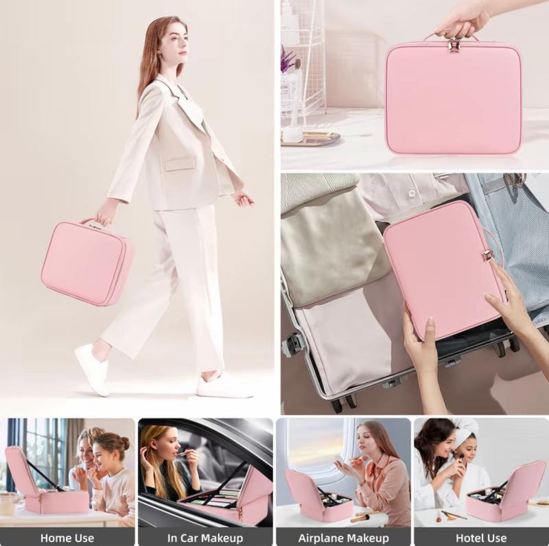 Glow-in-Bag Travel Makeup Case - Integrated Mirror with 3 Color Temperatures, Compact Cosmetic Organizer for Beauty Accessories & Makeup Tools