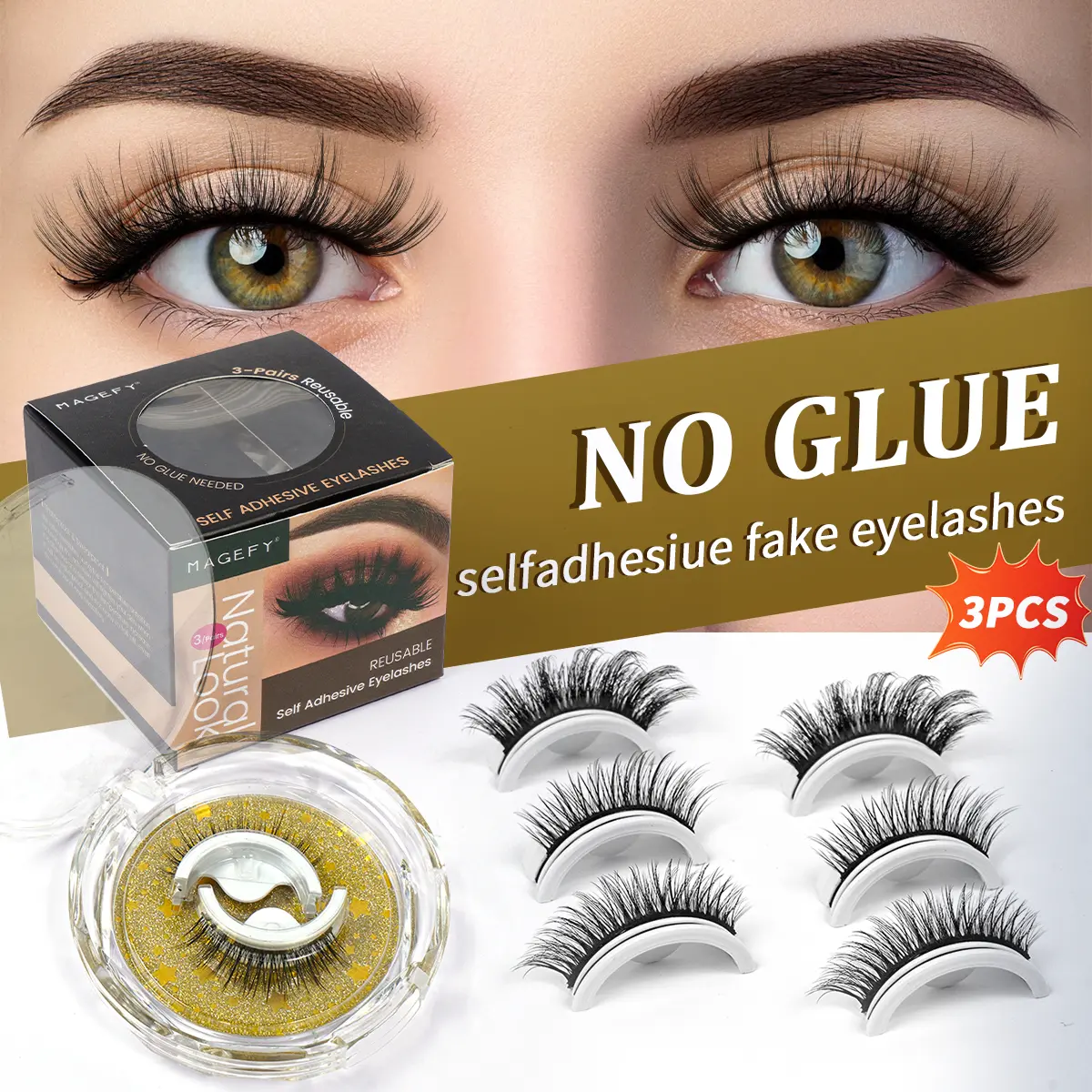 MAGEFY No Glue False Eyelashes 3 Pairs,Reusable Pre-Glued Self Adhesive Lashes,Press On Lashes with Extra Adhesive Strips Travel Friendly#DealsForYouDays#SummerWins