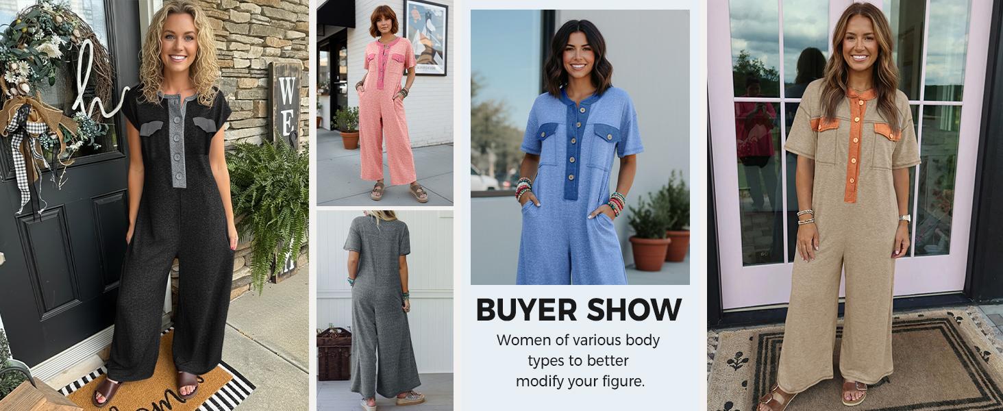 Fisoew Womens Casual Loose Jumpsuits Short Sleeve V-Neck Button Down One Piece Outfits Wide Leg Summer Long Pant Rompers with Pockets #Springtok #TikTokShopJumpstartSale