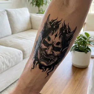 Hannya Oni Demon Tattoo Sticker - Japanese Mythological Fire Spirit for Hand, Traditional Black & Red Irezumi Design, Semi-Permanent Waterproof Body Art