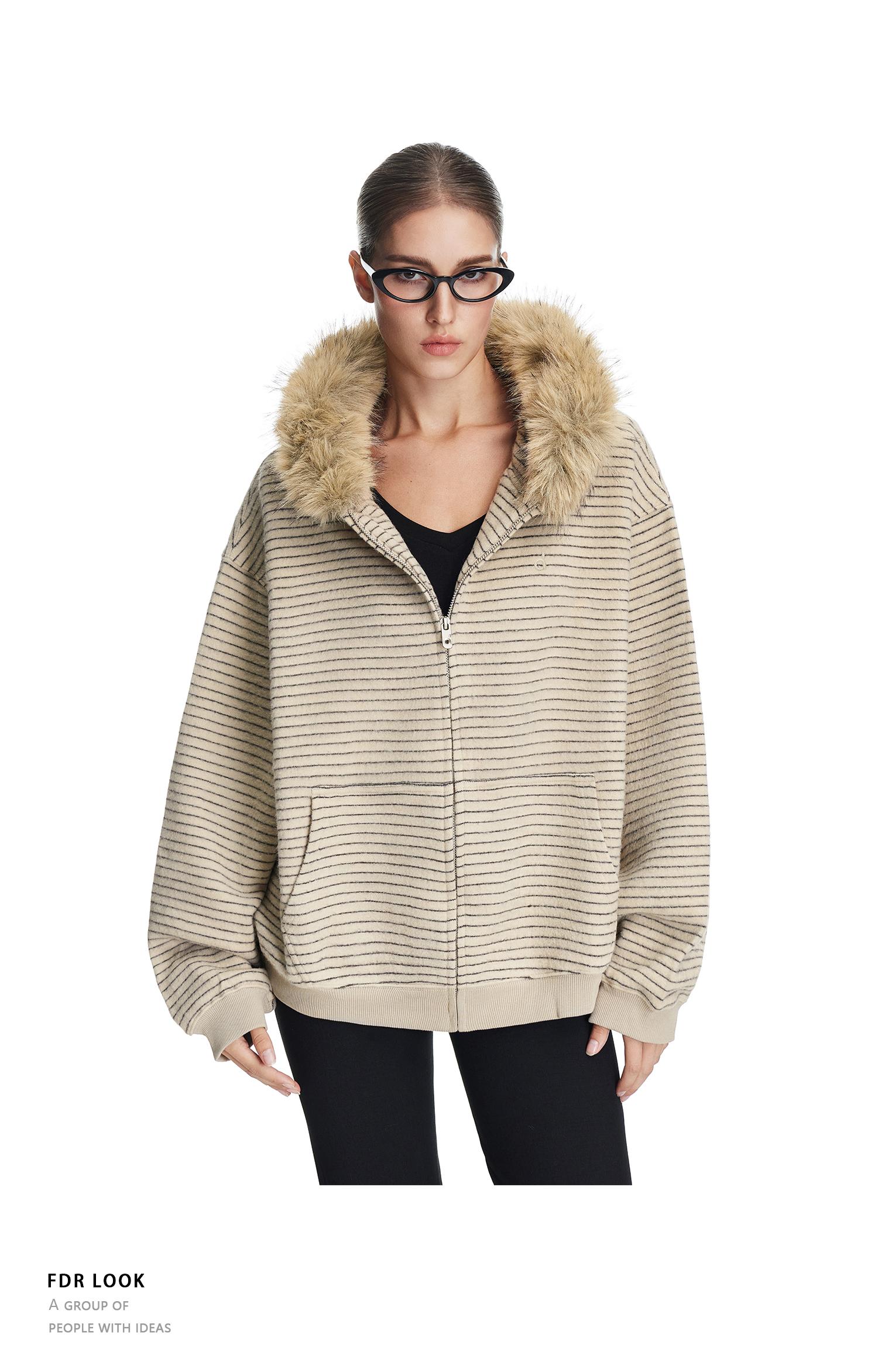 FDR Cozy Striped Fuzzy Hoodie with Faux Fur Collar Zip-up Oversized / Slim Sweater Oversized Fit Long Sleeve Fall / Winter Casual Womenswear Coats Outerwear Tops Jackets Sweatshirt #valentinesday #tiktokshopjumpstartsale #valentinesdaygift SpringStatement