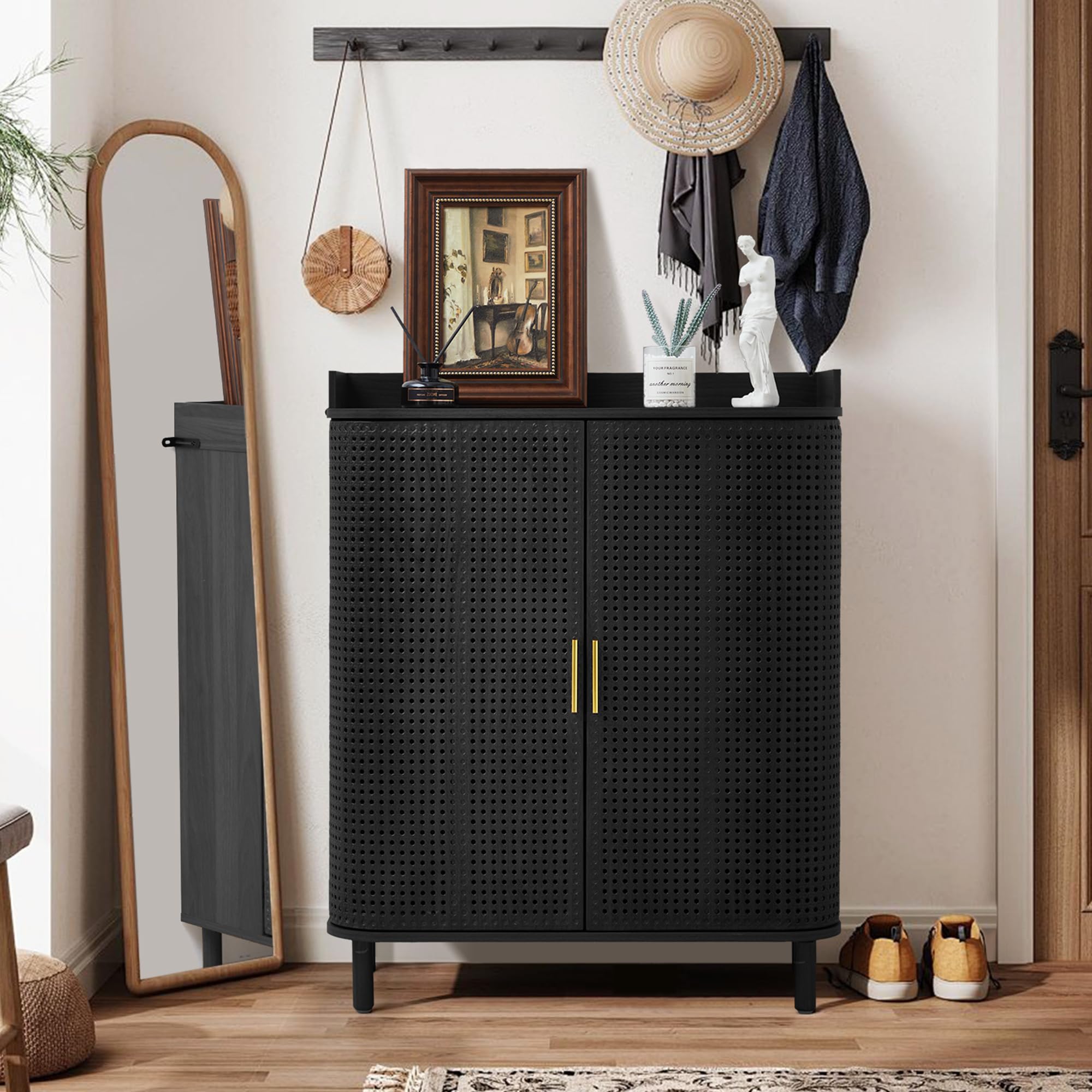 Giratree Shoe Cabinet, 5 Tier Boho Wooden Shoe Storage Organizer Cabinet with Adjustable Shelves, Shoes Rack with Iron Rattan Curved Doors Accent Cabinet for Entryway Hallway Living Room Giratree Shoe Cabinet, 5 Tier Boho Wooden Shoe Storage Organizer Cabinet with Adjustable Shelves, Shoes Rack with Iron Rattan Curved Doors Accent Cabinet for Entryway Hallway Living Room