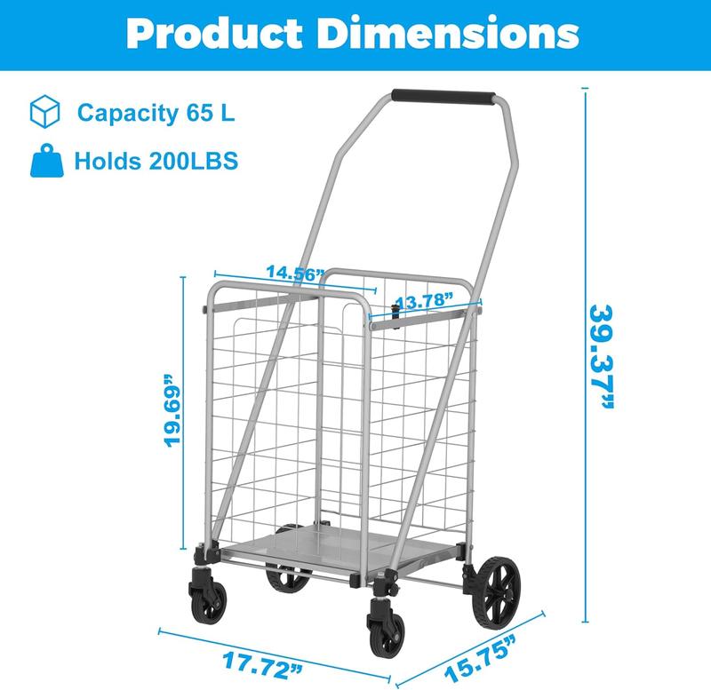 Foldable Heavy Duty Shopping Cart - 200lbs Capacity, 360° Swivel Wheels, 65L Waterproof 600D Oxford Bag, Easy Assembly for Grocery, Laundry, Garden, Camping (Grey, 19.5 x 39 x 20 inch)