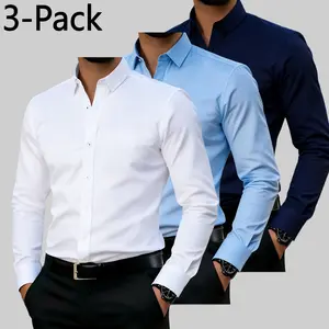 Men's 3-Pack Dress Shirts – Slim Fit, 60% Polyester & 40% Cotton, Wrinkle-Resistant, Breathable for Business, Office or Casual Wear#SummerVibes