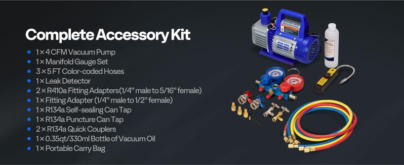 VIVOHOME 110V 1/3 HP 4CFM Single Stage Rotary Vane Air Vacuum Pump and R134a AC Manifold Gauge Set Kit with Leak Detector Carry Bag for HVAC Air Conditioning Refrigeration Recharging ETL Listed