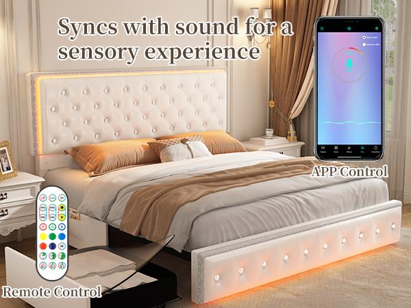 Sibeds Queen Size Bed Frame with Storage Shelf, Storage Drawers and LED Lights, Upholstered Platform Bed with Adjustable Headboard and PU Velvet, No Box Spring Needed, Noise-Free, Easy Assembly