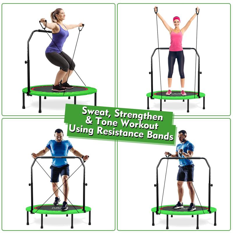 RAVS 40" Mini Trampoline Foldable for Adults 450LBS Fitness with Bungees Adjustable Bar Sturdy Steel Frame 5-Level Height-Adjustable Handrail Easy Assembly Indoor Outdoor