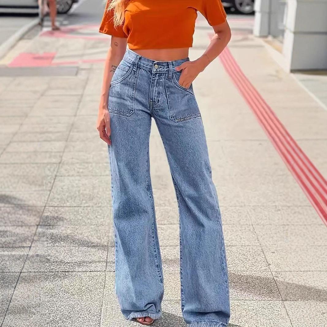 2026 Spring and Summer New Vintage Frayed Hem Wide-Leg Jeans Loose Fit with Large Pockets Women's Fashionable Comfortable Denim