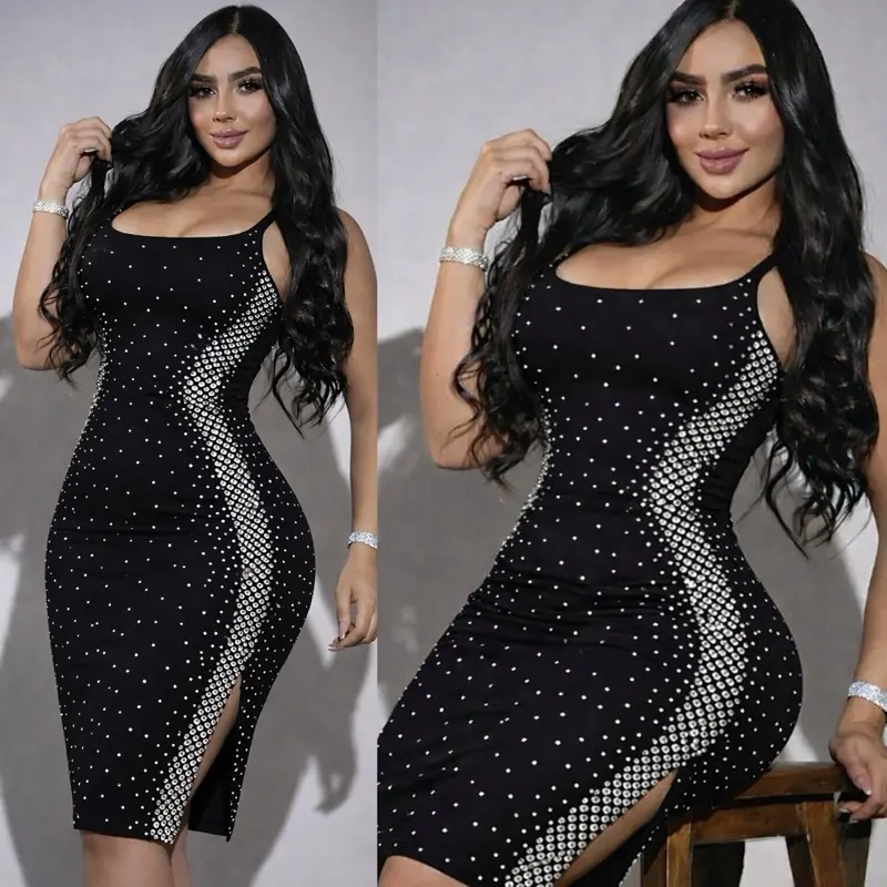 Women's Fashion Sleeveless Casual Luxury Embellished Dress S10-58 - Black, Sparkling Detailing, Side Slit, Lady Dresses for Party, Fashion Design, Dress Casual