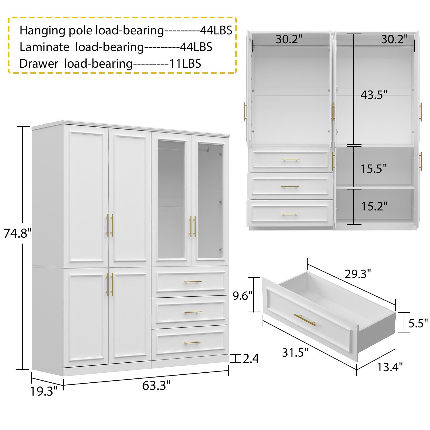 FUFU&GAGA 4 Door Wardrobe Closet with Shelves, Armoires and Wardrobes Wardrobe Closet with Hanging Rod, Gold Metal Handles, Bedroom Armoire Closet