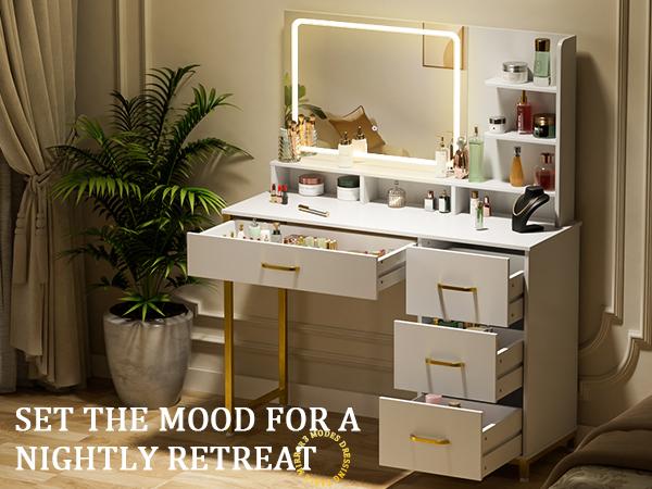 COMHOMA Vanity Desk with Mirror and Lights Makeup Vanity Table with 4 Drawers & Storage Shelves Large HD Mirror 3 Color Modes & Adjustable Brightness Modern Dressing Table for Bedroom Pearl White