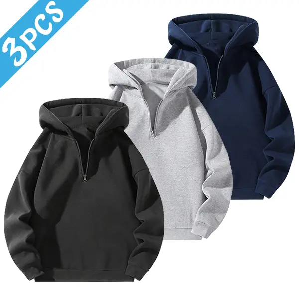Men's 3-Pack Versatile Half-Zip Hooded Sweater - Simple and stylish, skin-friendly and comfortable for outdoor activities and everyday leisure