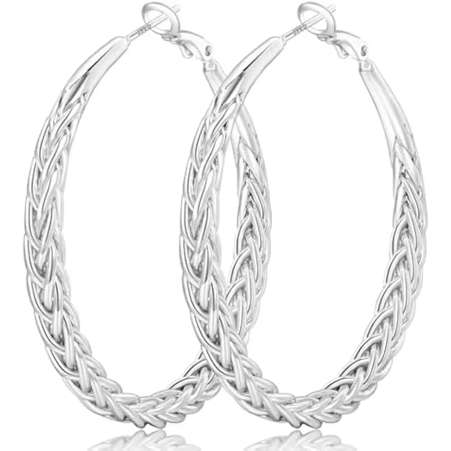 Silver Hoop Earrings for Women Hypoallergenic 925 Sterling Silver Post Hoop Earrings Lightweight Large Hoops Earring Thick Twisted Silver Hoops 40MM