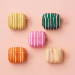 Colorful Striped AirPods Case – Cute Minimal Aesthetic Silicone Cover with Pastel Candy Colors, Modern Scandinavian Style, Protective Case with Keychain Ring for AirPods 1 2 3 4 & AirPods Pro 1 2 3, Trendy Gift for Her & Him
