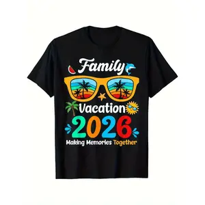 2026 Family Vacation Same Style T-Shirt- Adult T-Shirt, Tropical Palm Tree and Airplane Print, 2026 Design, Breathable Crew Neck T-Shirt, Suitable for Family Gatherings, Christmas Gift, Summer Beach Travel- Unisex
