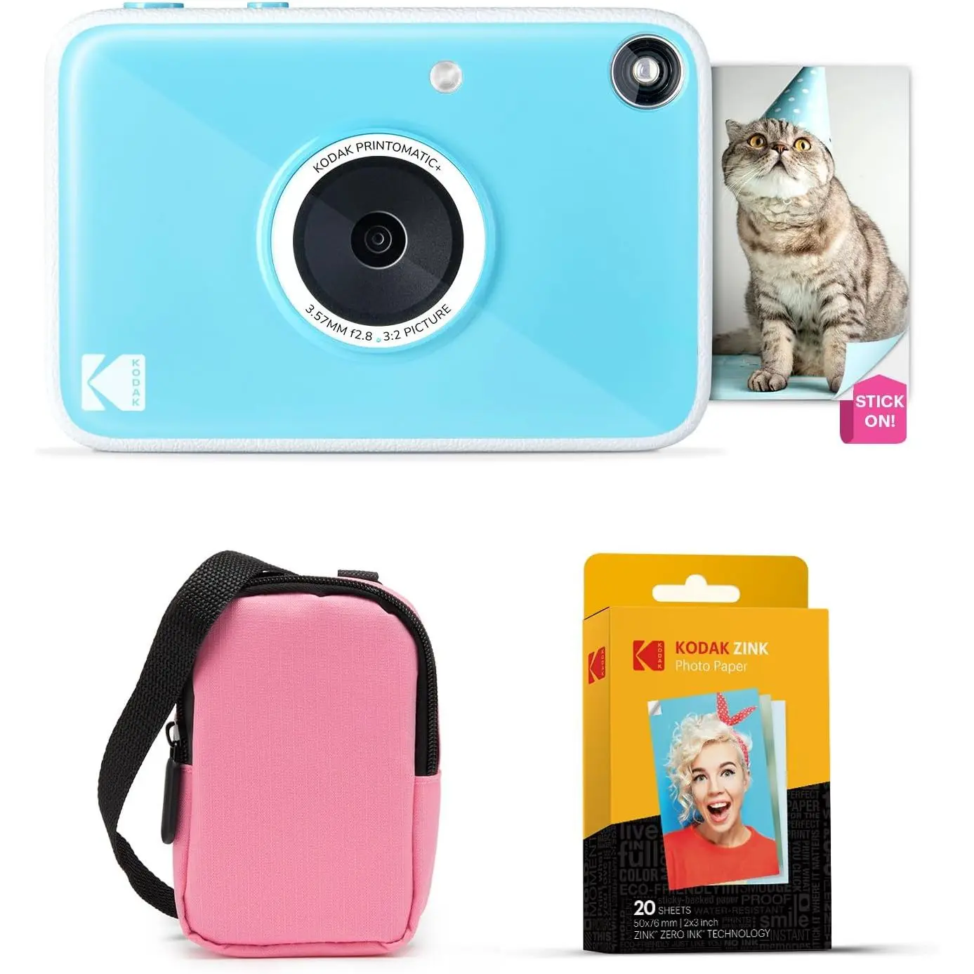 KODAK Printomatic+ Portable Instant Print Digital Film Camera Starter Bundle (Pink) - Carrying Case, 20pk Zink Sticky-Back Picture Paper, 10MP, Colorful Full-Color Photos, RGB LED Status Indicator, Film Camera Aesthetic, Nostalgic Photography, Photo Booth