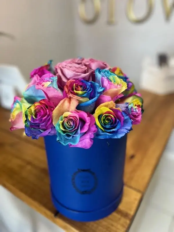 Rainbow Roses with Lavendar Heart in Hat Box