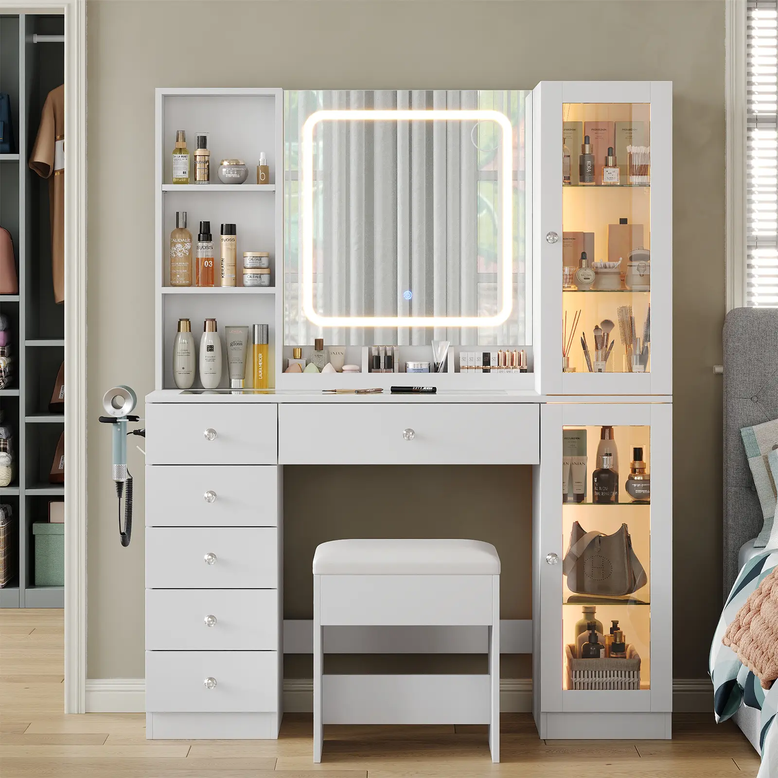 FUSOU Sturdy 47" Makeup Vanity Desk with LED Mirror, 2 Cabinets, 6 Drawers, Built-in Charging Station (2 USB Ports), 3 Color Modes, Adjustable Brightness, Glass Top, Storage Box, Padded Stool, Hair Dryer Stand for Bedroom Mom & Wife Makeup Organization, 3