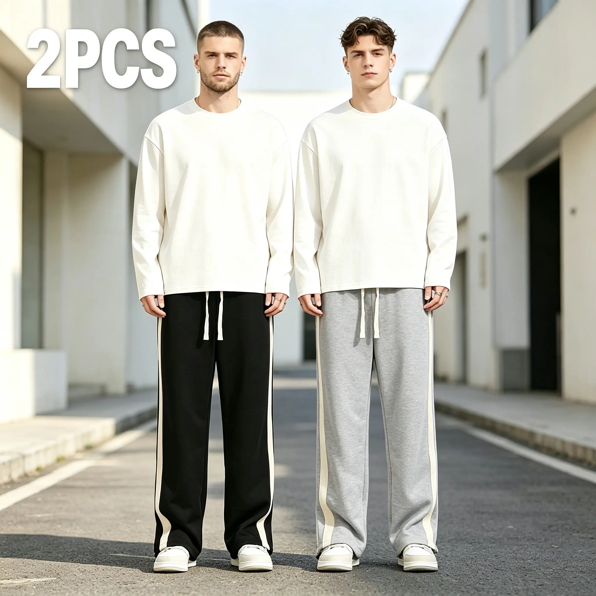 Men's 2-Piece Full-Length Wide-Leg Polyester Sweatpants Set - Menswear Clothes with Side Stripes, Loose-Fit, Elastic Drawstring Waist, Comfortable Silhouette, Ideal for Streetwear Loungewear