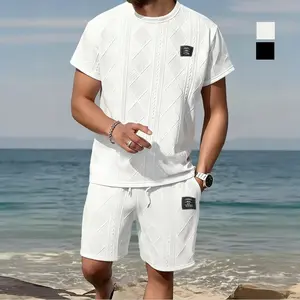 TOOTD Curated — Men’s Summer Casual Sports Two-Piece Textured Set featuring a breathable crewneck T-shirt and shorts in jacquard fabric; formal tropical men’s top set suitable for everyday wear and running.