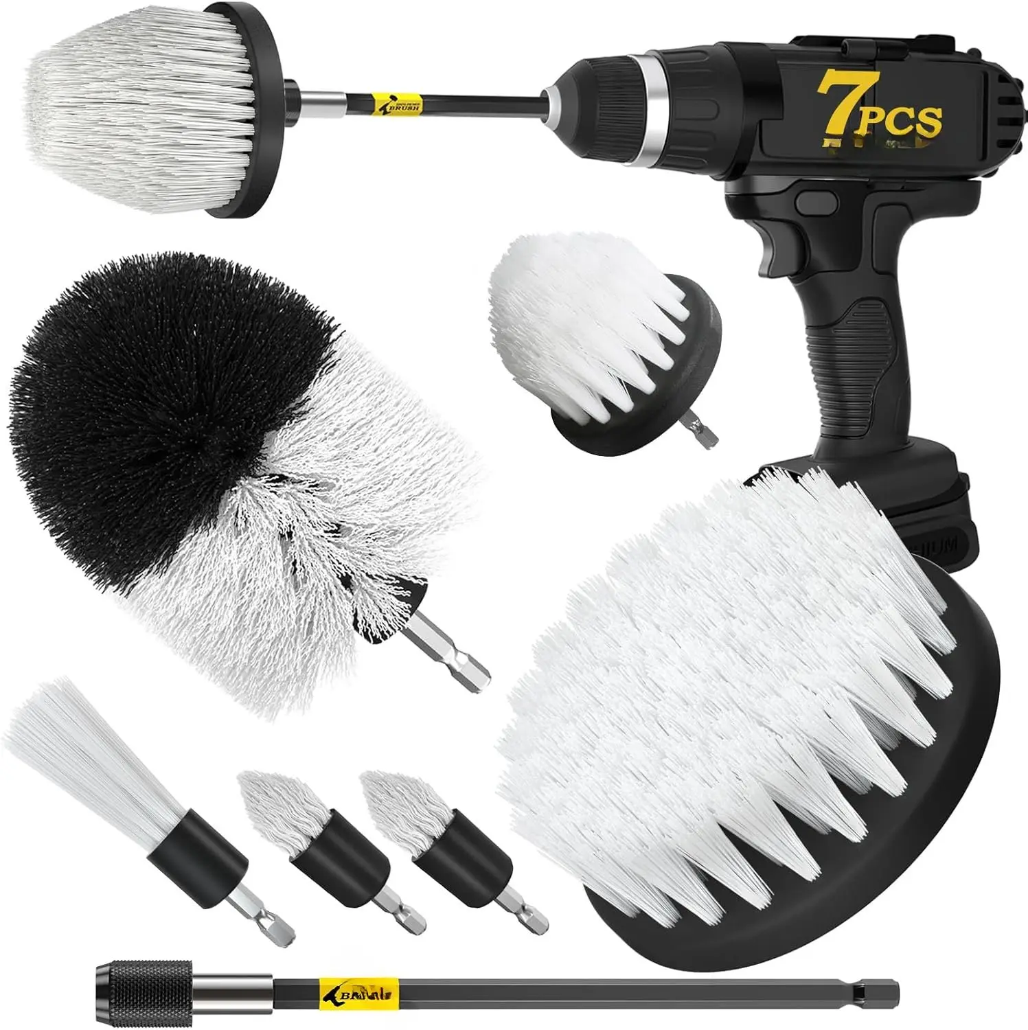 7Pack Drill Brush Attachment Set- Interior Detailing KitPower Scrubber Brush Extended Long Attachment for Bathroom, CarShowerCarpet,Boat,KitchenFloor and TileWhite