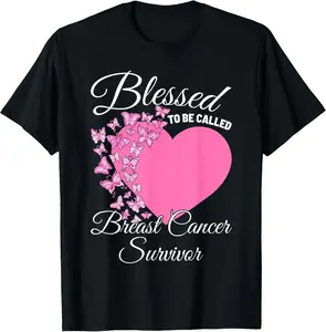 Blessed To Be Called Breast Cancer Survivor Pink Butterfly T-Shirt,Black crew neck cotton T-shirt,Hope & Strength Fabric Top
