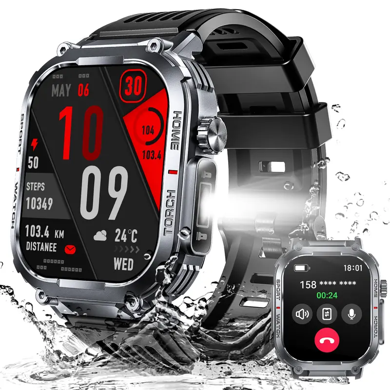 3ATM Waterproof Outdoor Smart Watch for Men with Call Make/ Answer 100+ Sports Modes Pedometer Compass Multifunctional Smartwatch Compatible with iPhone Android Phones Digital Watch Gifts for Men