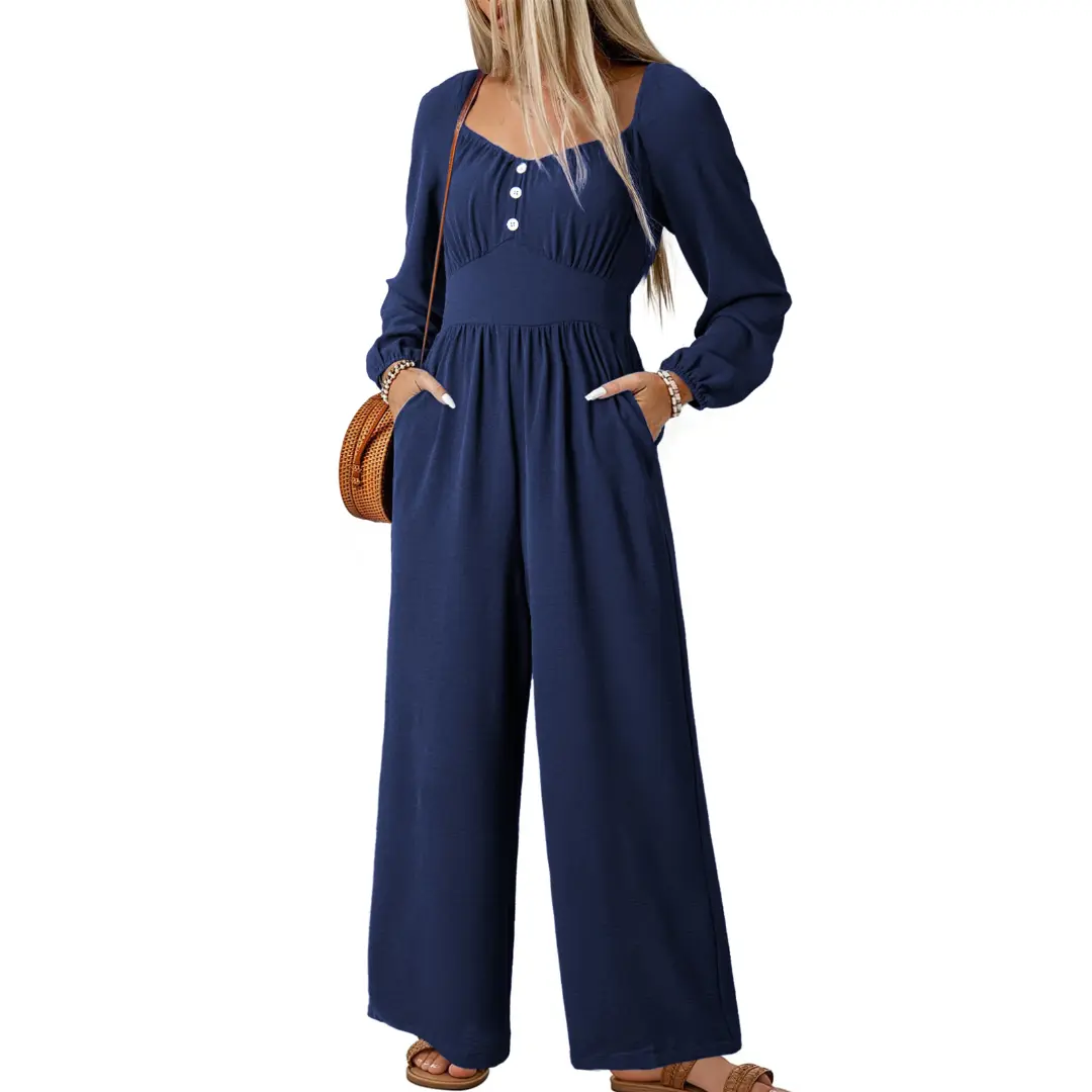 Dokotoo Jumpsuits for Women 2026 Fall Long Sleeves Square Neck Button Decoration Rompers Overalls with Pockets