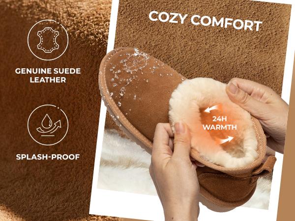 Dream Pairs FuzzyClassic Mini Ankle Snow Boots – Genuine Suede, Water-Resistant, Memory-Foam Slip-On Warmth
