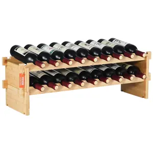 VEVOR 18 Bottle Stackable Modular Wine Rack,  2-Tier Solid Bamboo Wood Storage Racks, Floor Freestanding Wines Holder Display Shelf, Wobble-Free Shelves for Kitchen, Bar, and Cellar (Natural Color)