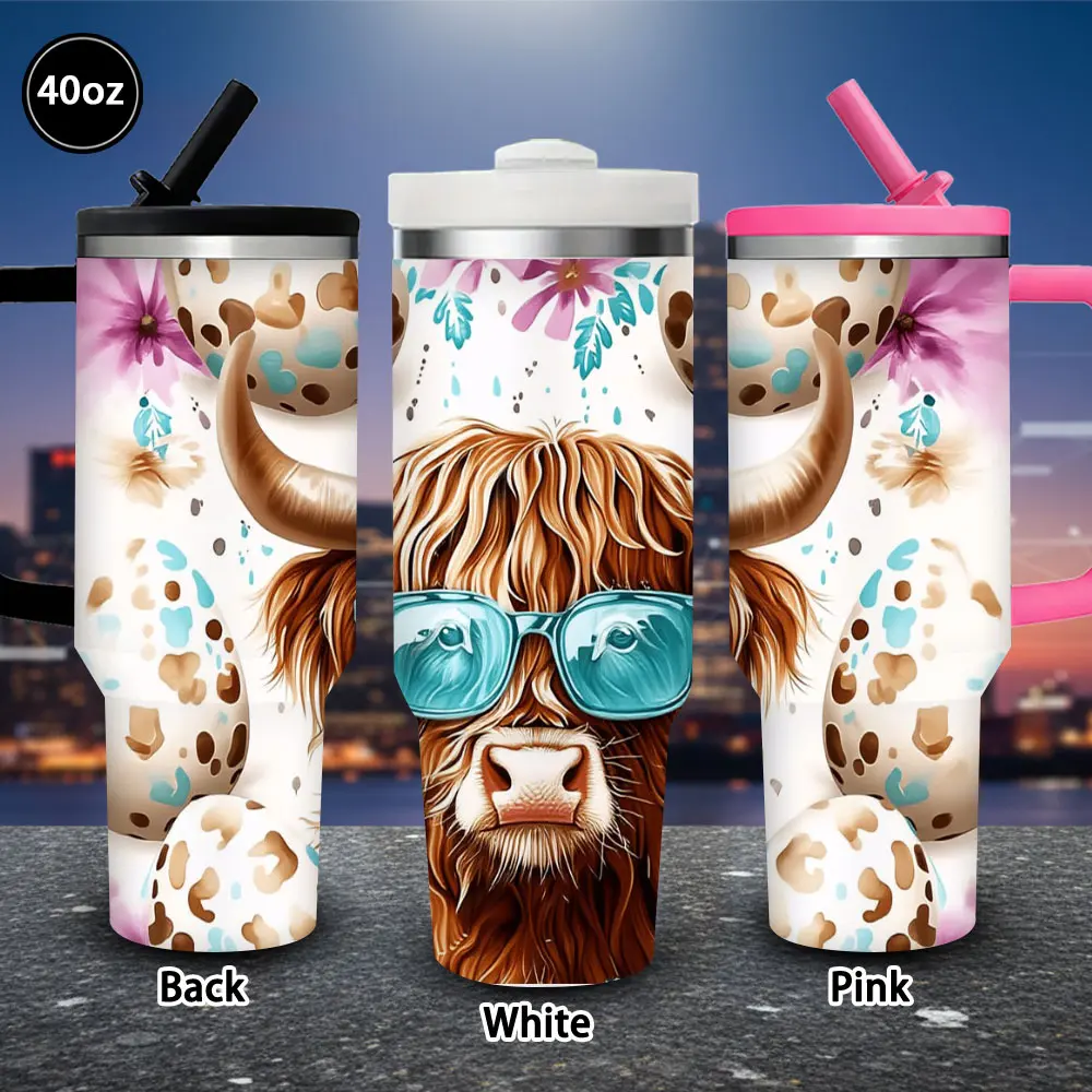 1 pc 40 oz Whimsical Highland Cow Vacuum Insulated Tumbler with Sunglasses, Easter Eggs, Floral Background, Lid, Straw - Winter Insulated Drinkware, Ideal Gift for Women, Suitable for Iced/Hot Coffee, Easter/Birthdays
