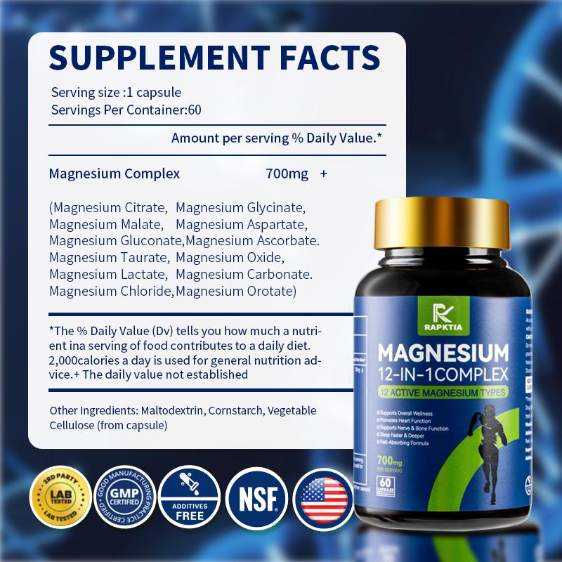 12-in-1 Essential Magnesium Complex 700mg, Supports Better Sleep & Stress Relief, Heart & Bone Health Support, High-Absorption Formula with Chrono-Mag Technology, 60 Capsules, Perfect Christmas Gift