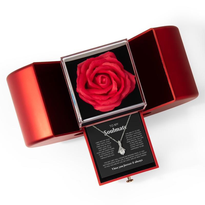 Soulmate Rose Box Set with 14k White Gold Alluring Beauty Necklace Eternal Rose Valentine's Day Gift for Girlfriend Wife