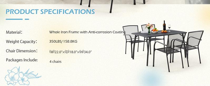 AECOJOY 5-Piece Outdoor Table and Chair Set with 1.73" Umbrella Hole 1 Table & 4 Stackable Garden Chairs for Patio Bistro Deck