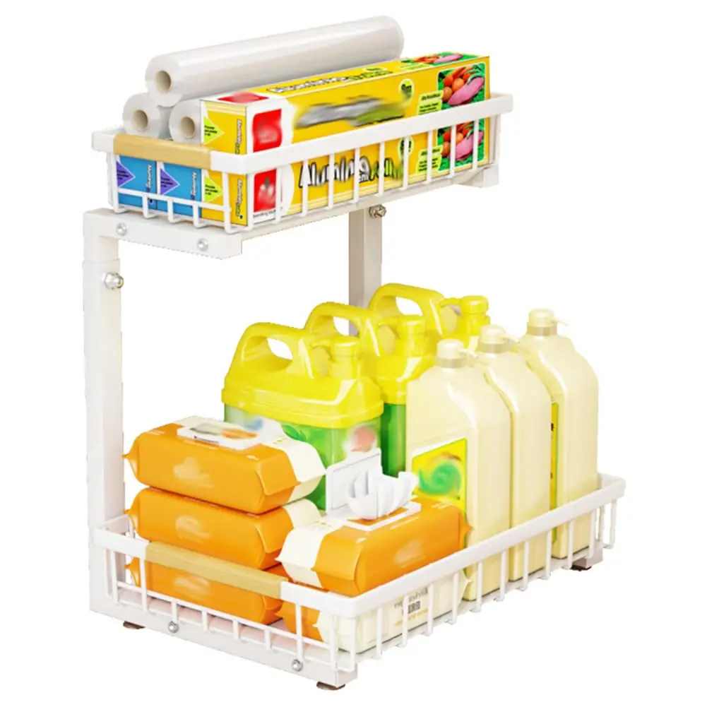 Adjustable Height Under Sink Pull Out Shelf with Sliding Drawer, Heavy Duty Carbon Steel Storage Rack with Suction Cups, Space Saving Organizer for Kitchen and Bathroom Cabinets