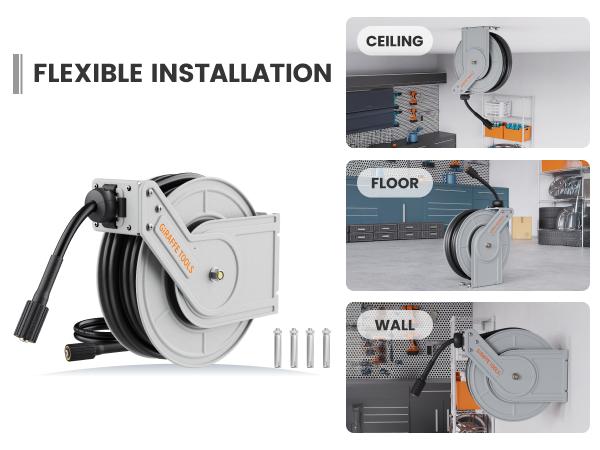 Giraffe Tools Retractable Pressure Hose Reel 4000/3200 PSI Heavy Duty 65ft Retractable Hose for Power Washers Lockable at Any Length Wall Mounted Giraffe Tools Retractable Pressure Hose Reel 4000/3200 PSI Heavy Duty 65ft Retractable Hose for Power Washers Lockable at Any Length Wall Mounted