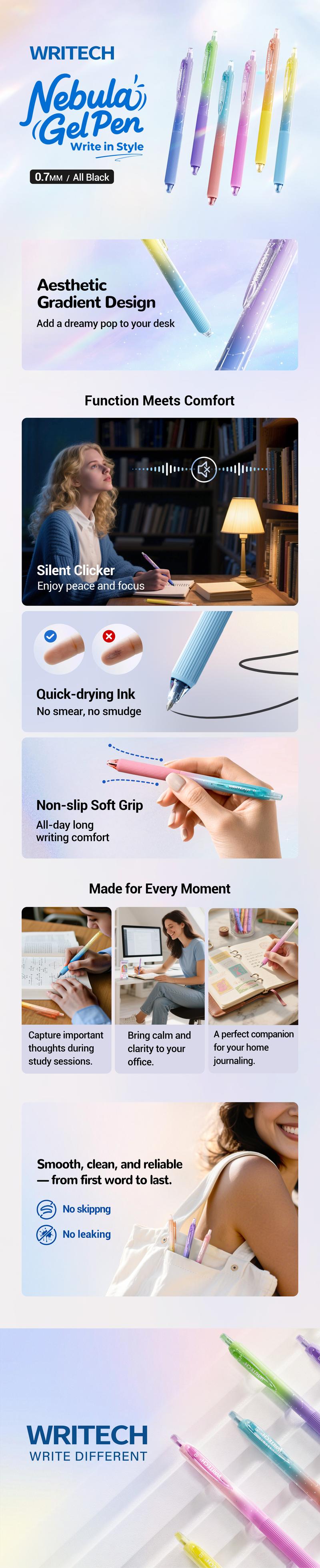 WRITECH Gel Pens Fine Point 0.7mm Black Ink Retractable 6ct with Gradient Color Barrel, Soft Vertical Stripe Silicone Grip & Detachable Design for Note Taking Silent Click No Smear Nebula Pen Set