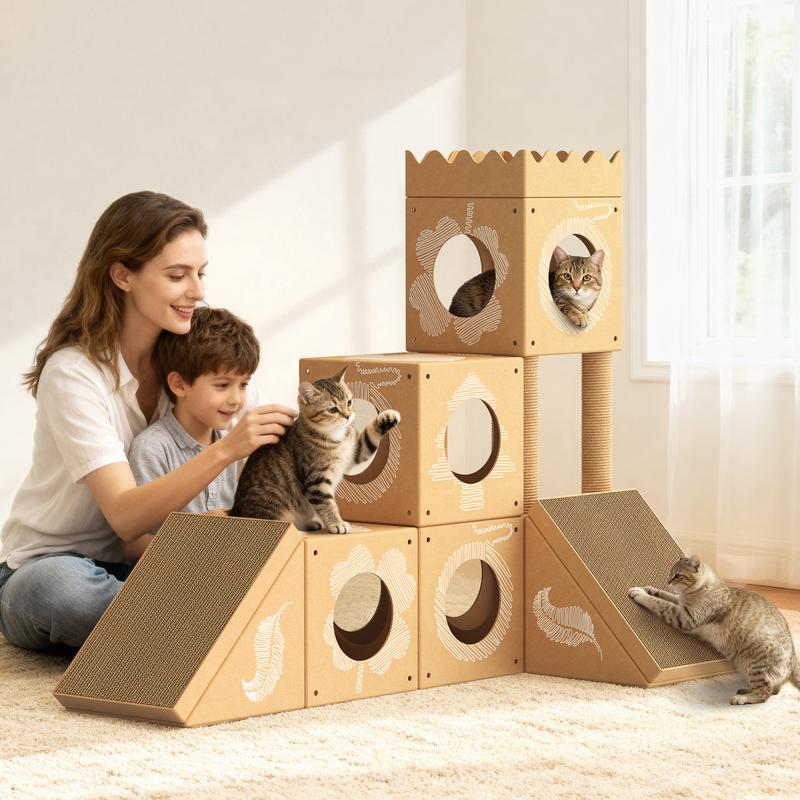 PalNests Cardboard Cat Tree 3-in-1 Multi-Level Tower with Scratching Posts & Tunnel for Kittens & Medium Cats DIY Recyclable
