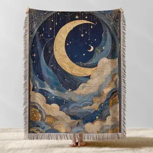 Celestial Moon Woven Blanket, 100% Cotton Throw, Boho Moon and Stars Tapestry, Mystic Night Sky Blanket, Cottagecore Home Decor