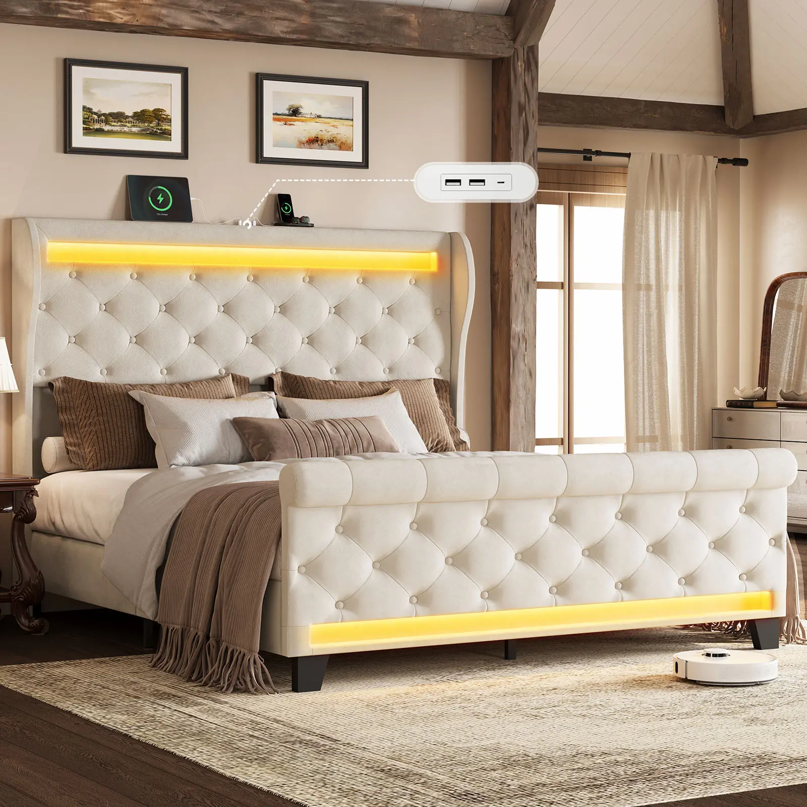 [SummerWins]Creators Only Offer Belffin Modern Upholstered Bed Frame with LED Lights & USB Charging Ports – Stylish Bedroom Platform Bed, Soft Headboard & Footboard, No Box Spring Needed, Easy Assembly