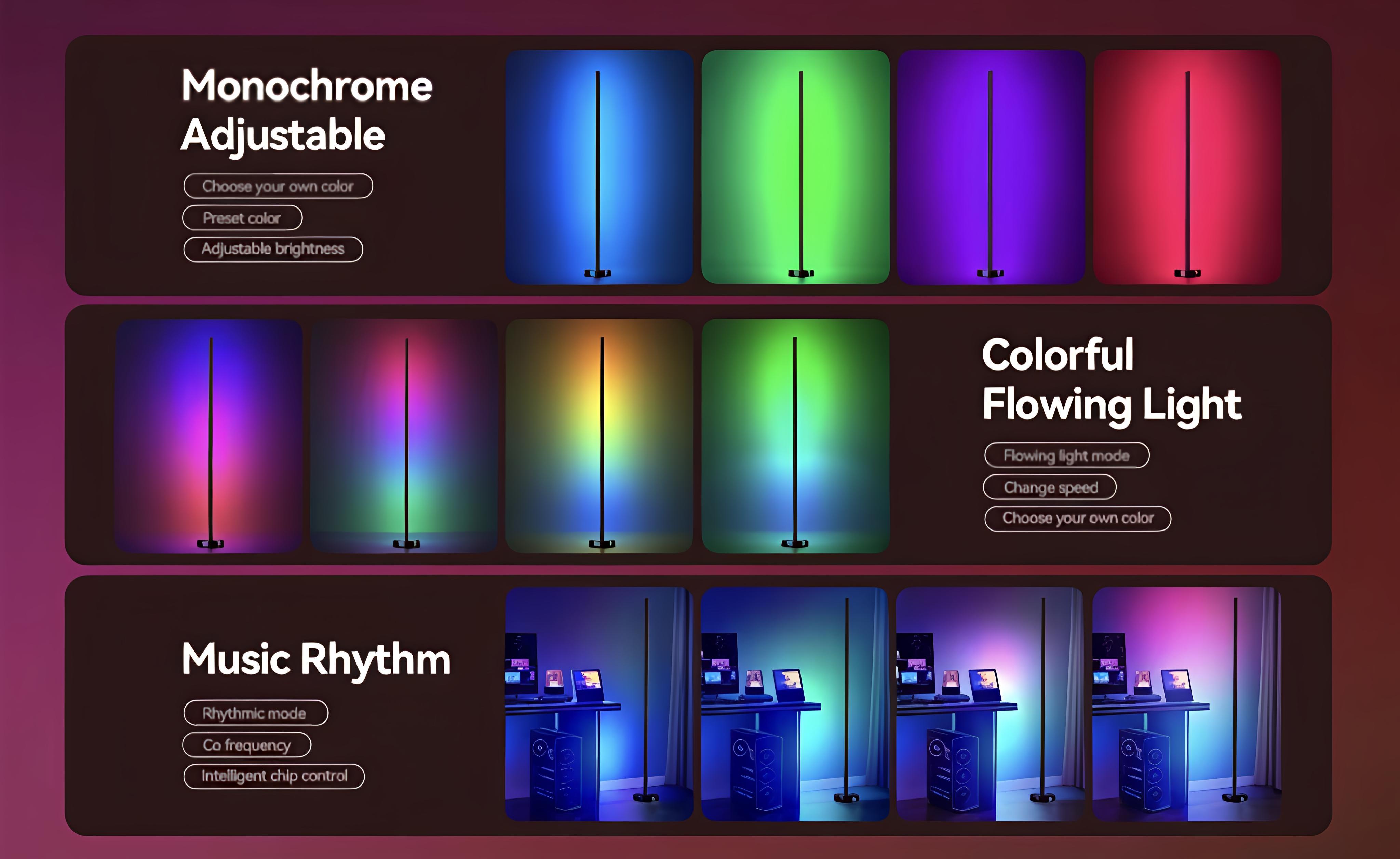 LED Floor Lamp with Remote Control & USB Power RGB Color Changing Music Sync Adjustable Brightness Gaming Atmosphere Light APP Control