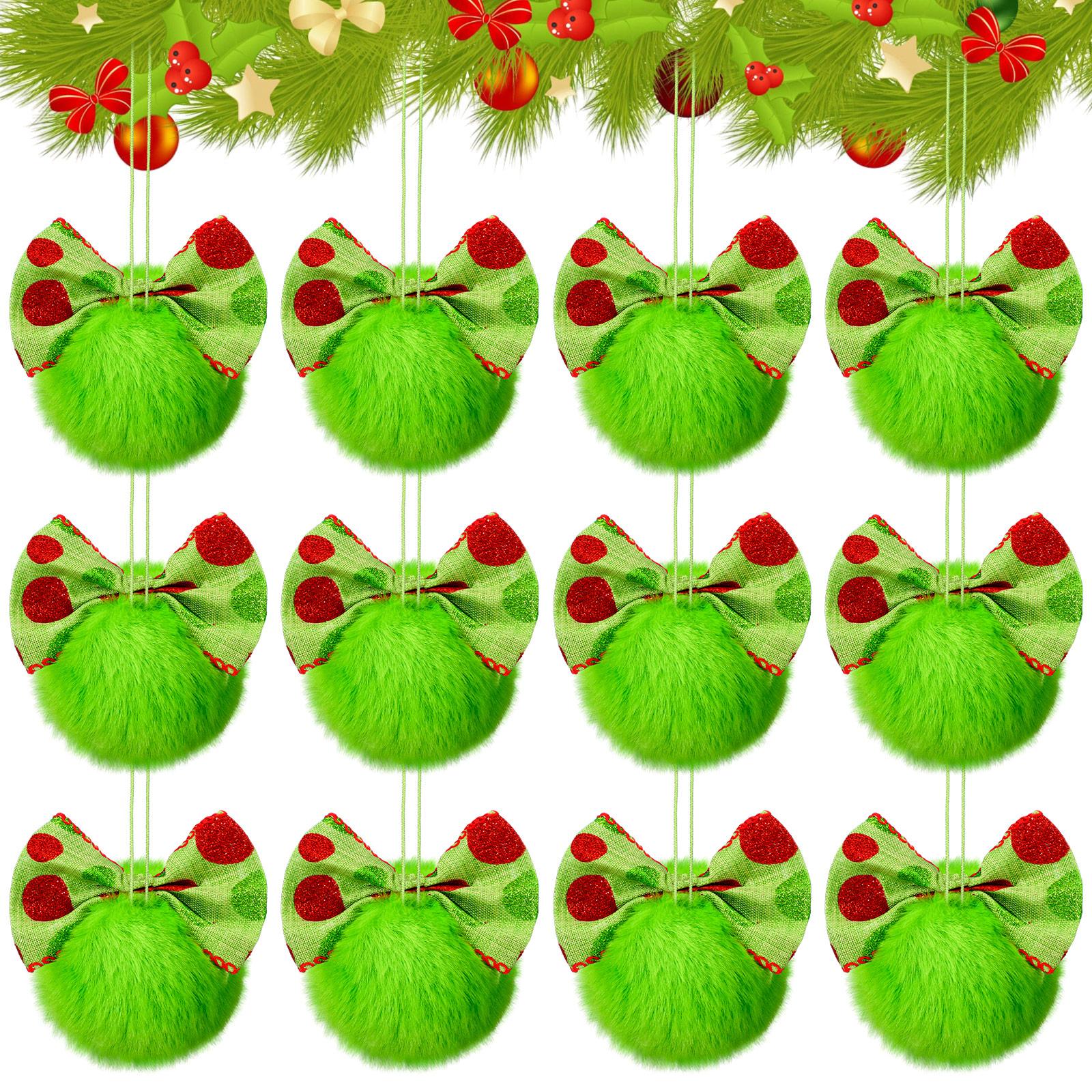 Christmas Clearance Sale Christmas Ornaments 12 Pcs Lime Green Furry Christmas Balls with Bows or Red Heart Cute Green Monster Christmas Decorations Hanging Ornaments for Xmas Tree Holiday Party Home Wall Christmas Decor Christmas White Elephant Gifts