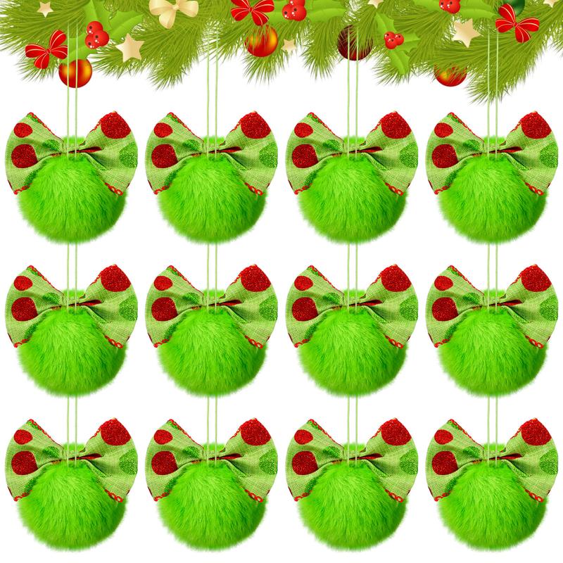 Christmas Clearance Sale Christmas Ornaments 12 Pcs Lime Green Furry Christmas Balls with Bows or Red Heart Cute Green Monster Christmas Decorations Hanging Ornaments for Xmas Tree Holiday Party Home Wall Christmas Decor Christmas White Elephant Gifts