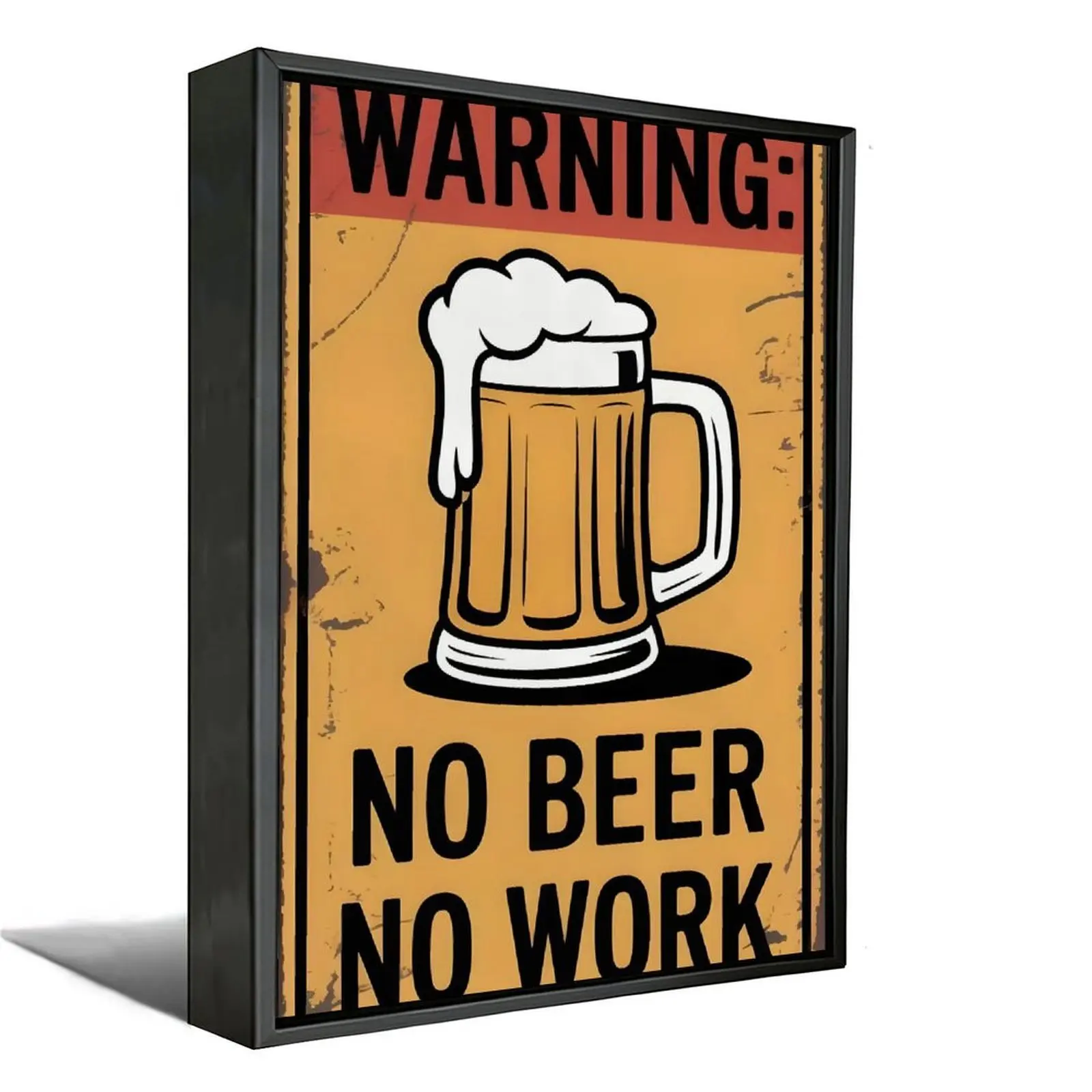 Frameless Vintage "No Beer No Work" Warning Woody Canvas Wall Art - Wood Print, Retro Distressed Home Decor, Perfect Gift for Beer Lovers, Bar Man Cave Decoration