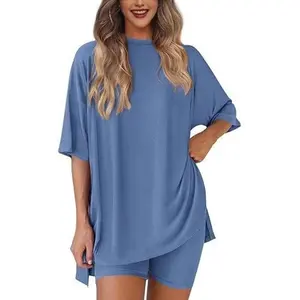 Crewneck Two-Piece Set For Women Summer Casual Oversized Split Hem Shirts & Side Pocket Biker Shorts Minimalist Lounge Wear Soft Viscose Fabric Comfy Homewear Cozy Pjs