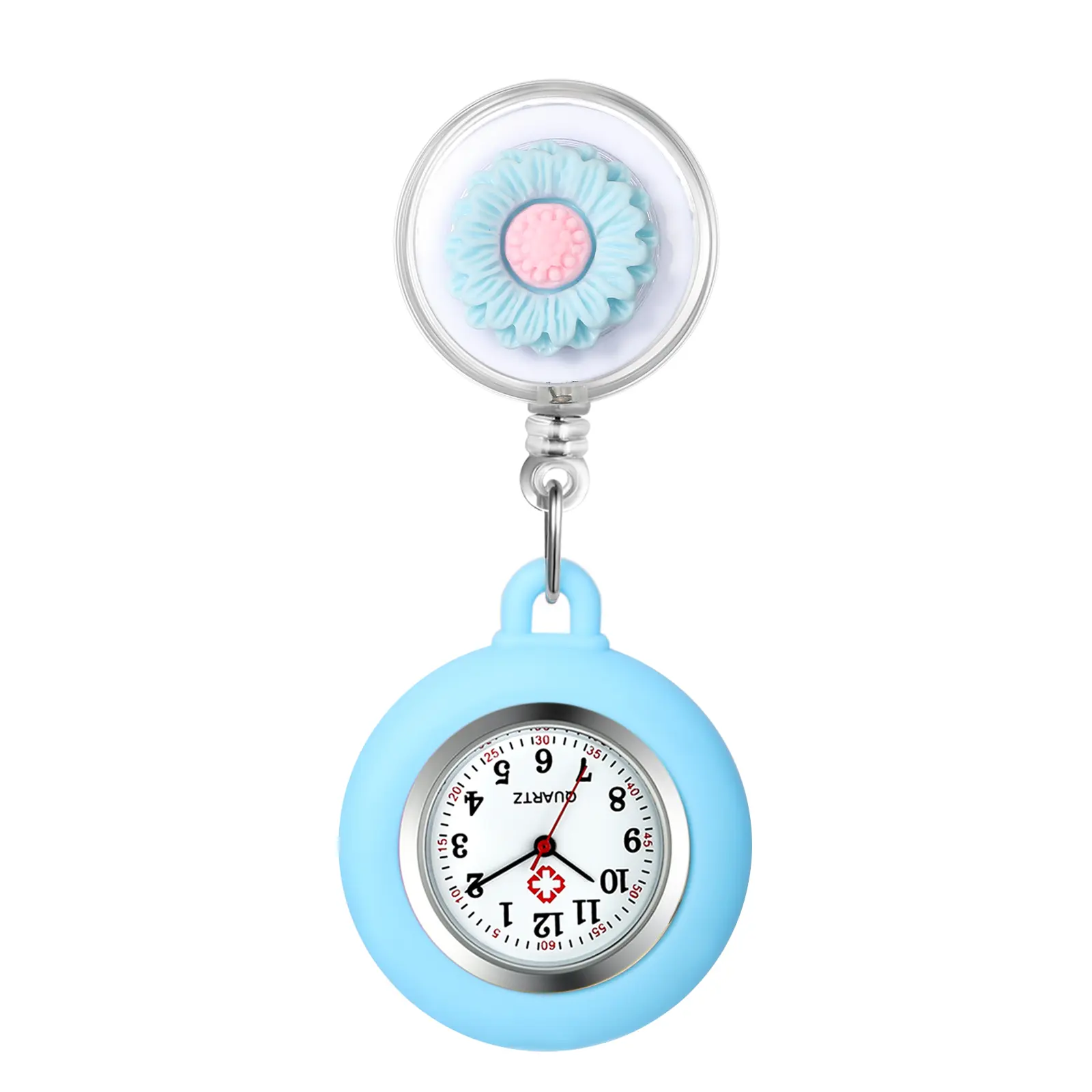 OIDEA Flower Retractable Fob Watch for Nurses, Drop Resistant Silicone Case with Clip-On, Unisex Medical Pocket Watch, 5 Cool-Tone Colors, Drop Resistant Pocket & Fob Watches