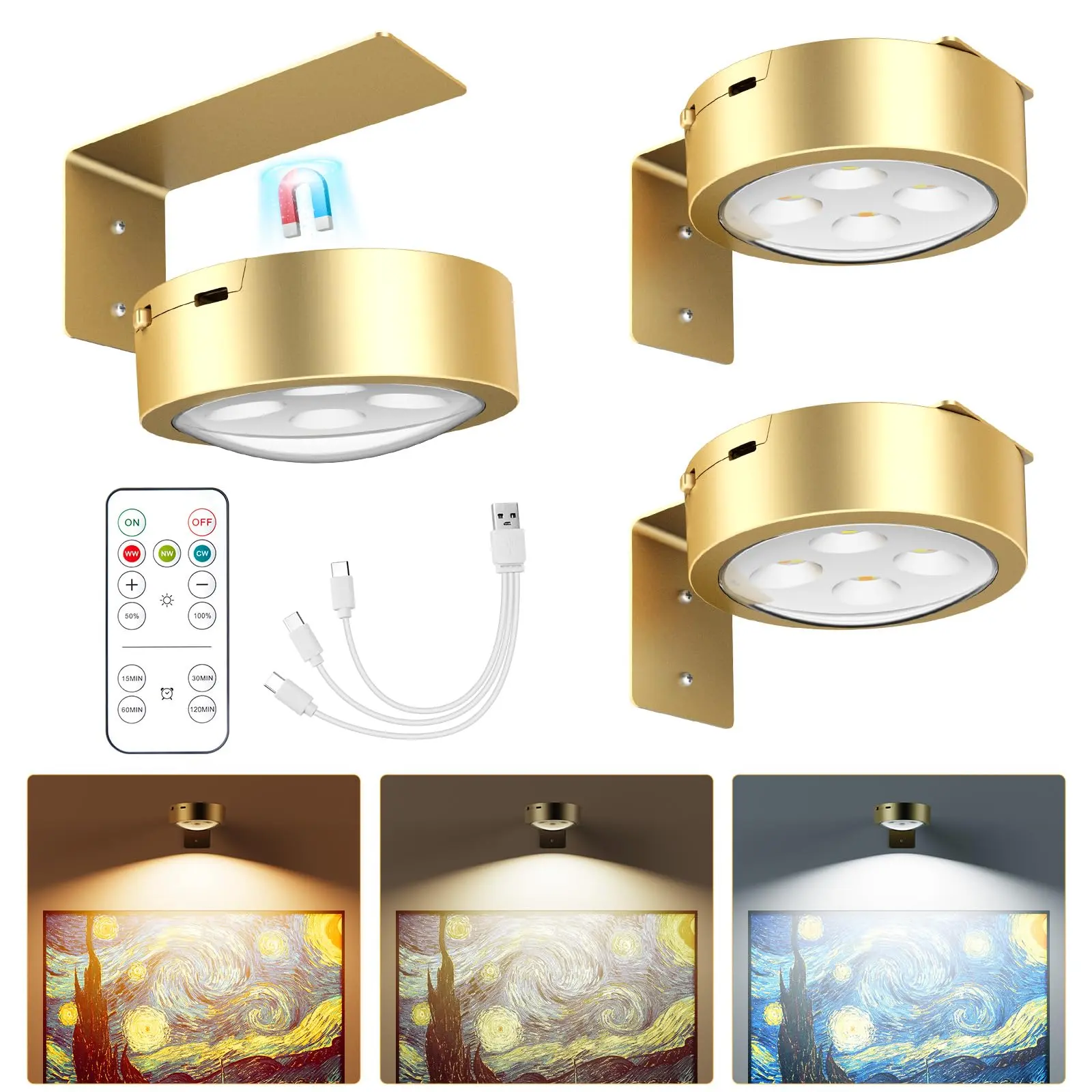 Brightown Picture Lights for Wall,Rechargeable Battery Operated Painting Light Magnetic Art Display Light with Remote, Puck Lights, Dimmable & Timer Art Lighting for Paintings Wireless,Gold, Christmas Gifts Ideas