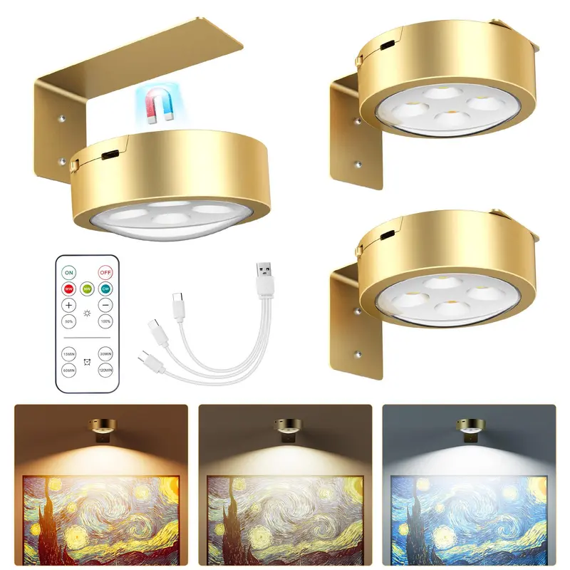 Brightown Picture Lights for Wall,Rechargeable Battery Operated Painting Light Magnetic Art Display Light with Remote, Puck Lights, Dimmable & Timer Art Lighting for Paintings Wireless,Gold, Christmas Gifts Ideas